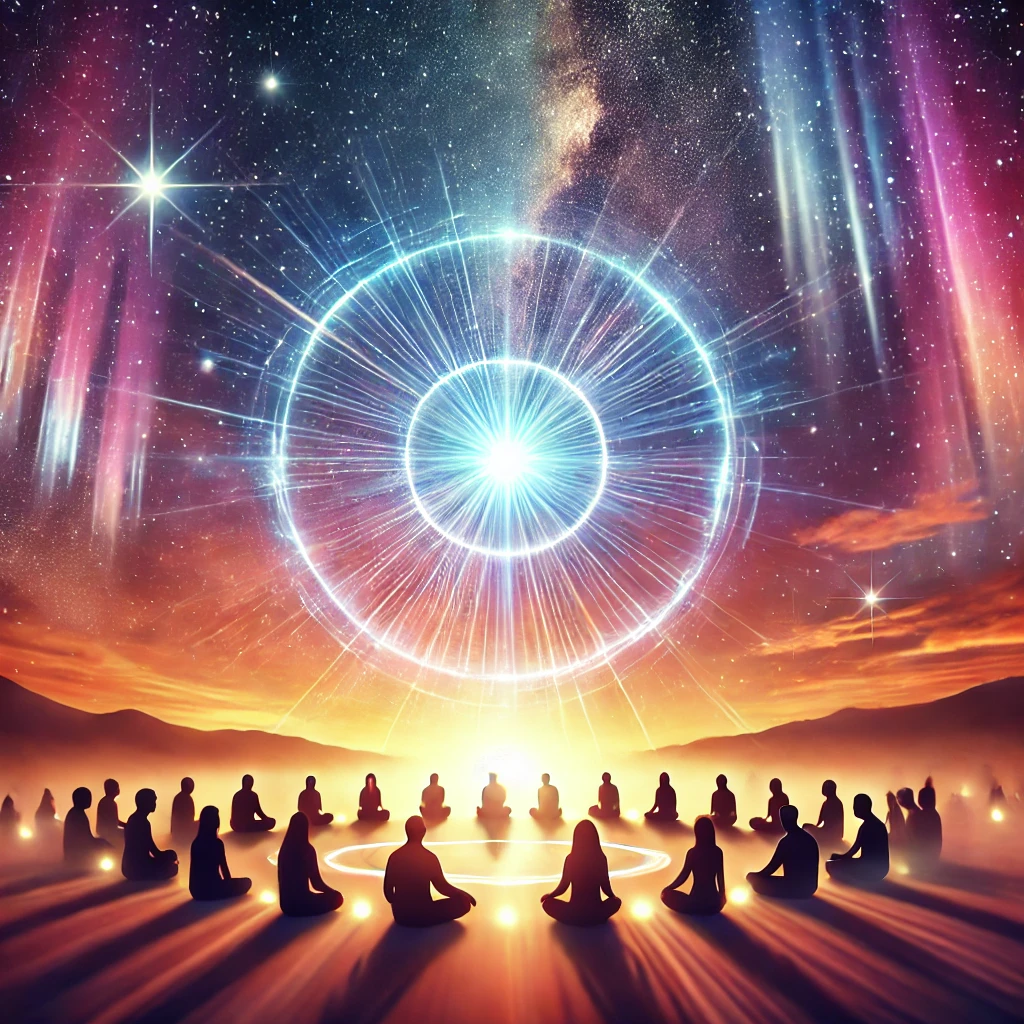 Spiritual meditation circle beneath a cosmic sunset, with glowing energy beams radiating from the center. Diverse silhouettes gather in peaceful reflection, surrounded by vibrant auroras and starry skies. Perfect for promoting spiritual gatherings, energy healing sessions, or mindfulness events.